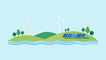 Wind turbines solar panels and green hills © Wester