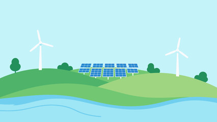 Renewable energy landscape with wind turbines and solar panels © Wester