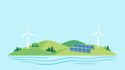 Island with wind turbines and solar panels © Wester