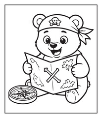Fototapeta premium Wild animal cute pirate bear seeing map black outline vector coloring page for children 