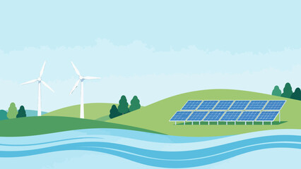 Wind turbines and solar panels in a green landscape © Wester