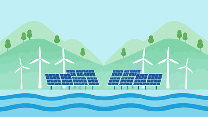Renewable energy landscape with wind turbines and solar panels © Wester
