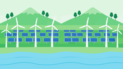 Renewable energy landscape with wind turbines and solar panels © Wester