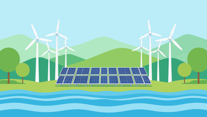 Renewable energy landscape with wind turbines and solar panels © Wester