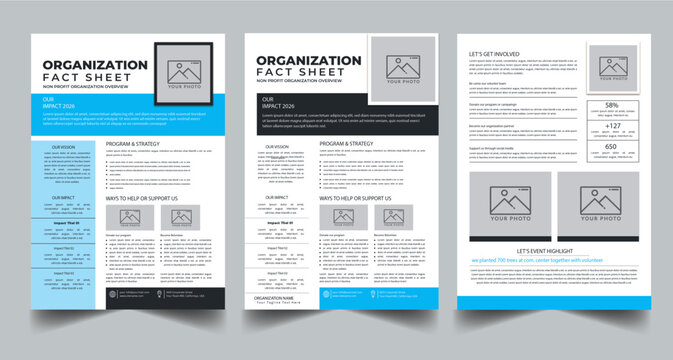Nonprofit Organization Fact Sheet, Organization Fact Sheet for Business Concept Layout With Three Page & Color Design Step