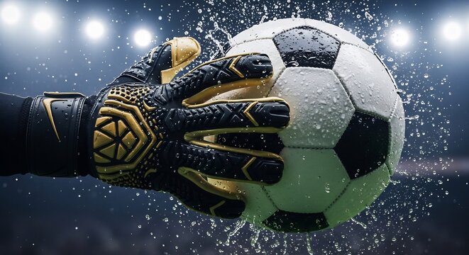 Close up of a soccer goalkeepers gloved hand catching a wet ball during a match.