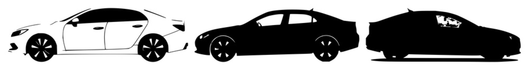 Obraz premium Car silhouette set with black outline against white background featuring automotive, side view, minimalist graphic with vehicle and road
