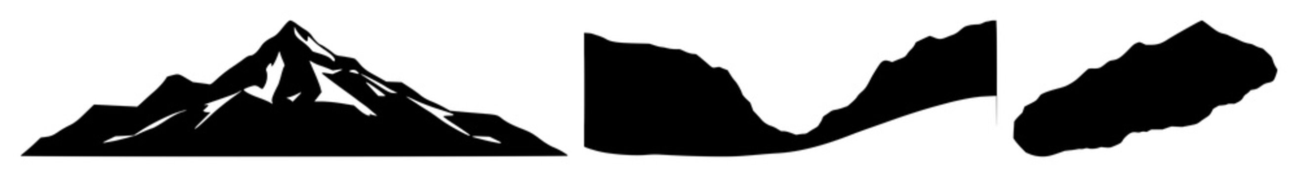 Glacier set with stark black silhouette against white background featuring mountain, ice, frozen water with snow and alpine