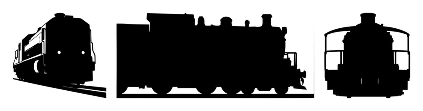 Train engine set with black silhouette against white background featuring locomotive, rail, industrial with train and engine
