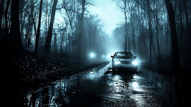 A car drives on a wet road through a foggy forest at night