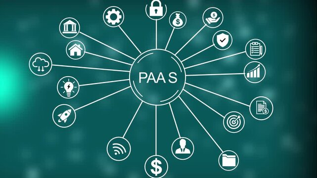 A digital diagram illustrating Platform as a Service Paa S with interconnected representing security finance data management and analytic on a blurred teal 4k Animation video on Black Background