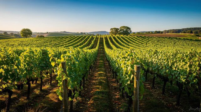 Golden sunset over lush vineyard rows with warm light and gentle breeze in beautiful nature landscape