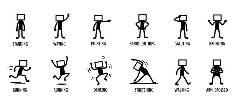 Modern screen-head stickman collection with social interaction poses. Includes waving, pointing, and walking icons for intuitive user interface design and digital ads.