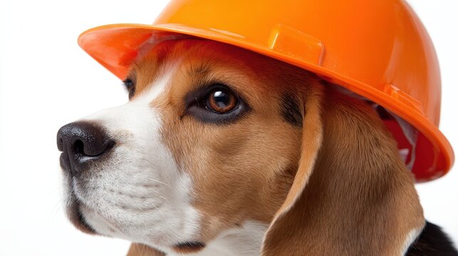 Beagle dog wears a bright orange protective construction hard hat against a white background.