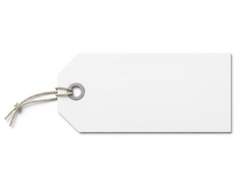 A blank white shipping tag with a silver ring and string attached.