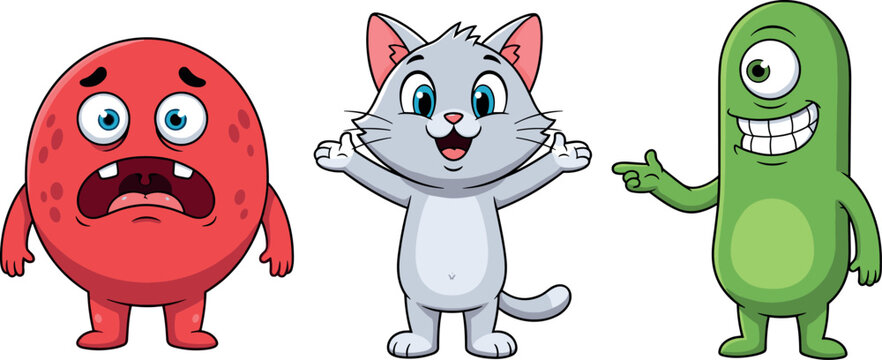 Collection of Cute Cartoon Characters Featuring a Worried Red Monster, Happy White Cat, and Smiling Green Cyclops Alien for Children Apps, Games, and Digital Stickers