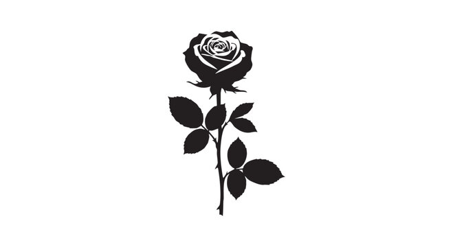 Single blooming rose flower with detailed leaves and thorns on stem isolated as black graphic icon on white backdrop.