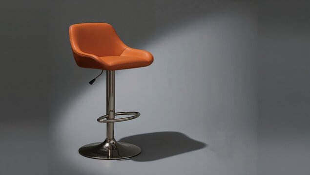 Modern orange bar stool with metal base and footrest on gray background under soft lighting