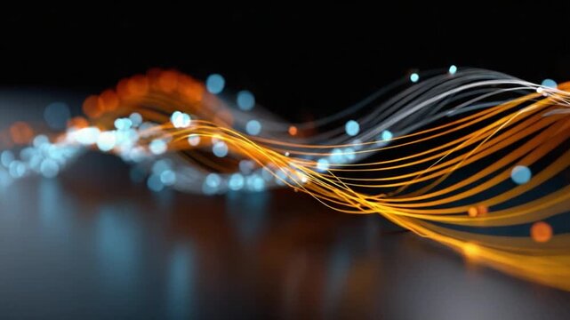 Abstract Digital Wave: An artistic representation of flowing data streams, with luminous, undulating lines in hues of orange and blue against a dark backdrop.