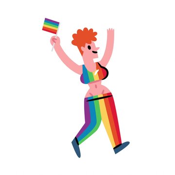 Animated cartoon woman in rainbow clothes dancing at pride parade smiling with colorful joyful festive expression