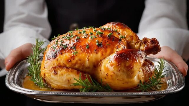 Roasted Chicken Served: A delectable roasted chicken, presented on a silver platter with fresh herbs. A culinary masterpiece for dining experience.