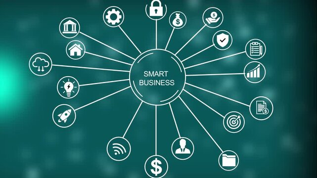 A central circular diagram labeled Smart Business with radiating lines connecting to various business related including a lock, dollar sign, brain, chart, 4k Animation video on Black Background