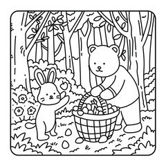 Fototapeta premium Bold and easy summer coloring page vector illustration featuring a bear and bunny collecting apples in a forest.