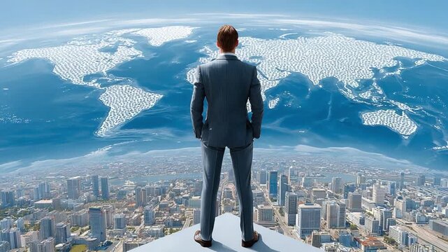 Visionary Leader: A resolute businessman stands tall, surveying a bustling cityscape and the world map, embodying the essence of leadership and global vision.