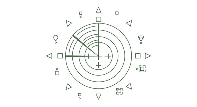 Abstract technical radar display with concentric circles, crosshairs, and various geometric symbols arranged around the perimeter, suggesting a futuristic interface.