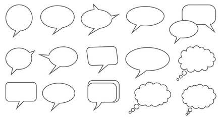 Fototapeta premium A collection of various empty speech bubbles and thought clouds, outlined in black on a white background, ready for text and communication concepts.