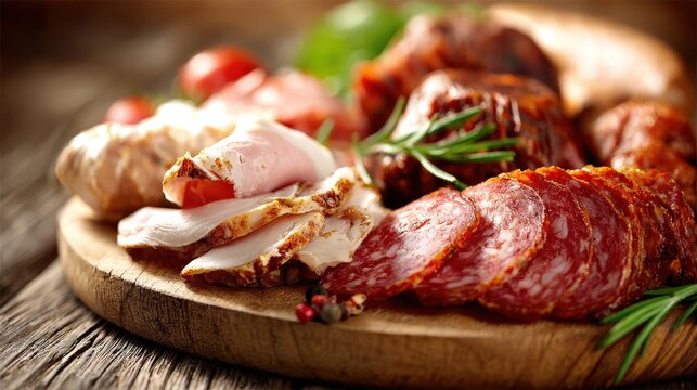 Assorted cured meat platter is displayed on a rustic wooden board.