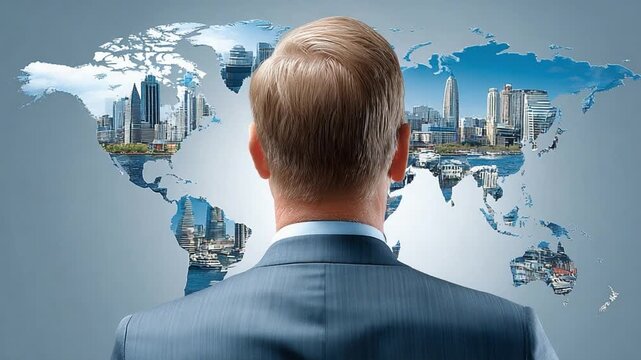 Visionary's World View: A person gazes towards a world map with cityscapes interwoven, representing global perspectives and forward-thinking visions.