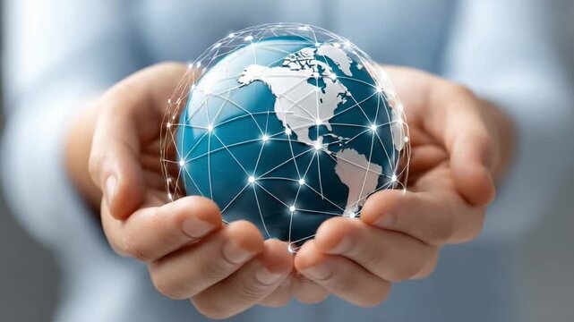 Global Connection in Hand: The world, cradled delicately in human hands, symbolizes global connection, and communication. A vision of unity and global responsibility.