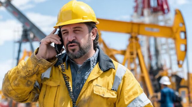 Oil Rig Worker on the Phone: A focused oil rig worker, clad in protective gear and a hard hat, engages in a phone conversation amidst the backdrop of an active oil extraction site.