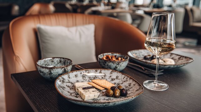 Wine glass and a snack plate featuring cheese and crackers sit on a dark wooden table in a sophisticated lounge.
