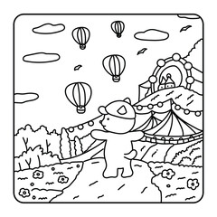 Bold coloring page of a bear cub at a summer fair with hot air balloons and a Ferris wheel. © iamimranai