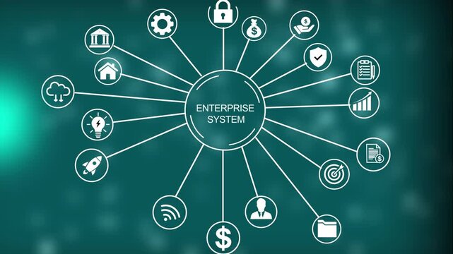 A central circle labeled ENTERPRISESYSTEM connects via thin white lines to various representing data security finance artificial intelligence 4k Animation video on Black Background