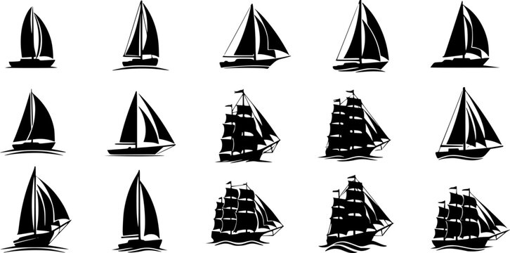 Sail boat logo silhouette vector design, sail boat logo icon silhouette, sailboat sailing ship logo vector illustration, sailboat and sailing ship vector silhouette logo design on white background