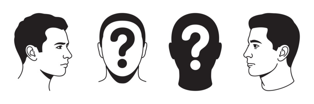 Silhouette profile picture of unknown man with question mark, anonymous identity concept, mystery person avatar, dark shadow face, hidden identity theme.