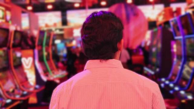 Man walking inside a casino, slot machines, gambling in las vegas, poker and slots playing, hotel with casino lobby. Bad habbits.