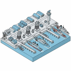 Isometric illustration of a naval base with ships, buildings, and radar towers. © Bunga