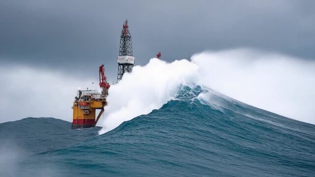 Offshore Rig Battle: An offshore oil rig perseveres through a tumultuous sea of towering waves and stormy skies, a testament to its resilience against the untamed forces of nature. 