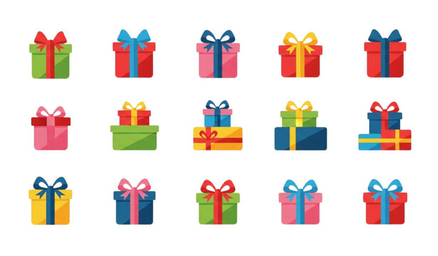 Gift box icon vector set with ribbon wrapped presents in trendy flat style for holiday ecommerce and celebration design isolated on white background