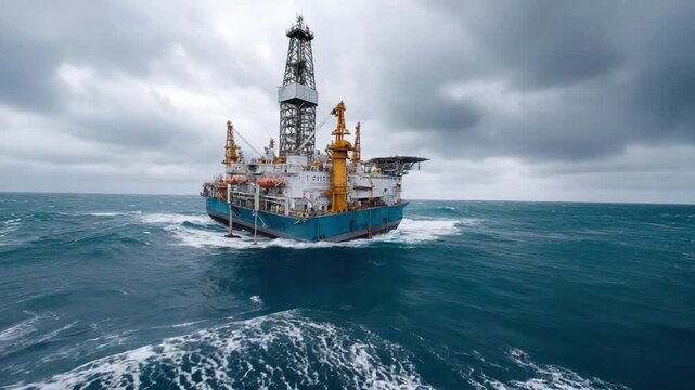 Offshore Drilling Rig in Stormy Sea: An imposing offshore drilling rig cuts through the stormy ocean, showcasing the might of industry against the backdrop of a turbulent sea.