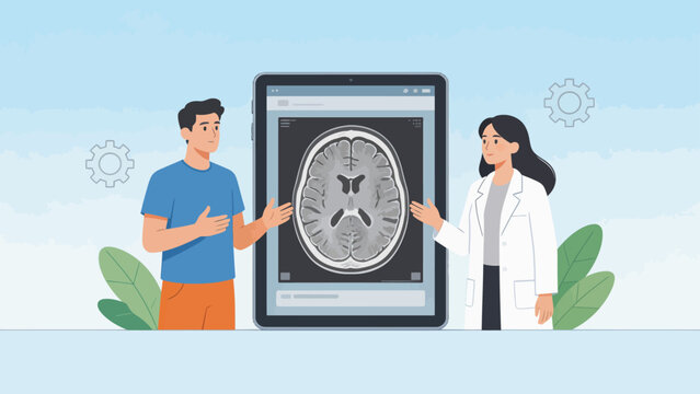 Doctor and patient viewing brain scan