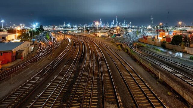 Urban Rails at Night: A breathtaking panorama of interconnected railway tracks weaving their way through the heart of the city at night.