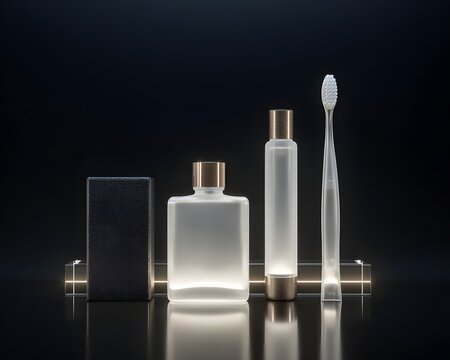 A minimalist arrangement of personal care products featuring a sleek toothbrush, elegant bottle, and bar of soap. Perfect for showcasing modern grooming and wellness concepts.