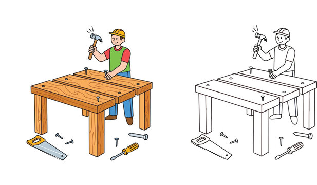 Cartoon carpenter building wooden table with hammer and nails, handyman worker character with tools vector illustration and line art coloring page