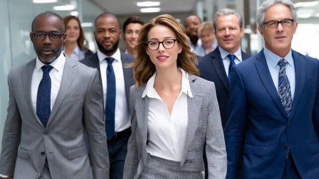Executive Team's Power Walk: A confident and diverse executive team strides forward through a modern office, exuding leadership and purpose. Capture the essence of teamwork and business acumen.