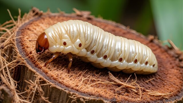 Close-up of a white grub on a tree stump with green background